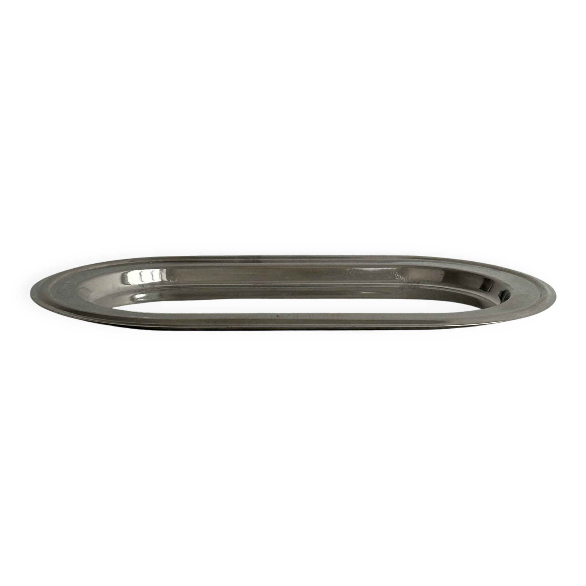 Small oval tray in shiny lightweight metal.