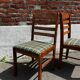 Lot of 3 vintage checkered wood and fabric chairs.
