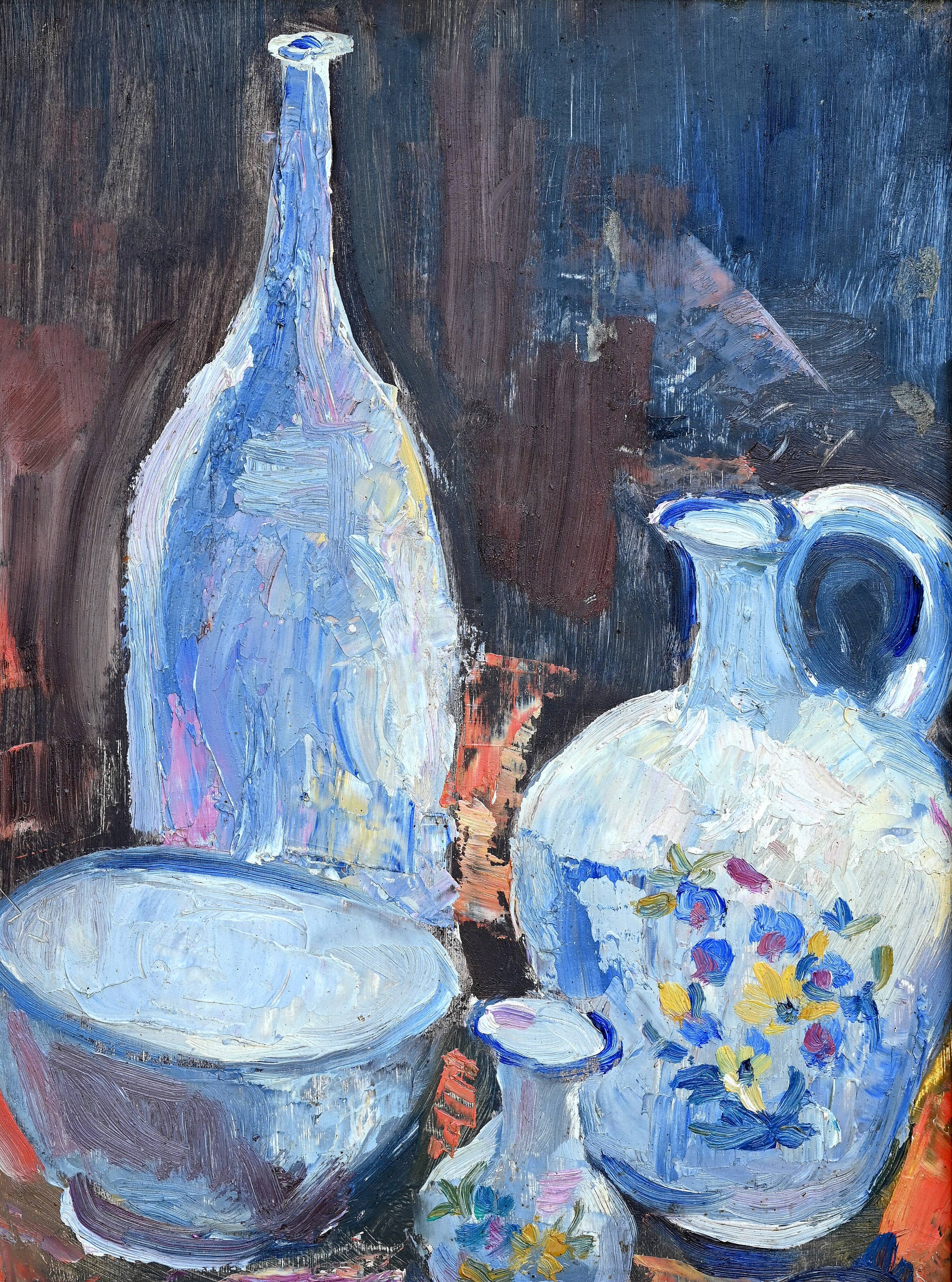 Still life painting with bowls, decanter and flower pitcher