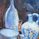 Still life painting with bowls, decanter and flower pitcher