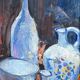 Tableau nature morte aux bol, carafe et pichet fleuri