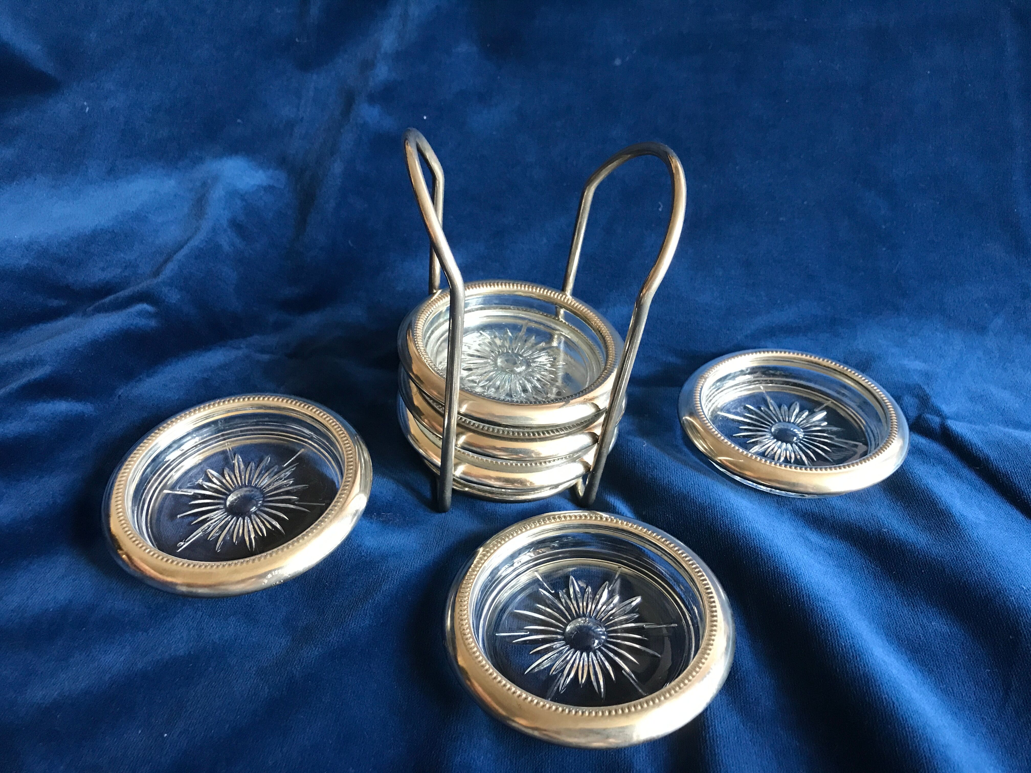 Lot de 6 sous  verre en cristal en métal argenté  Léonard Italy