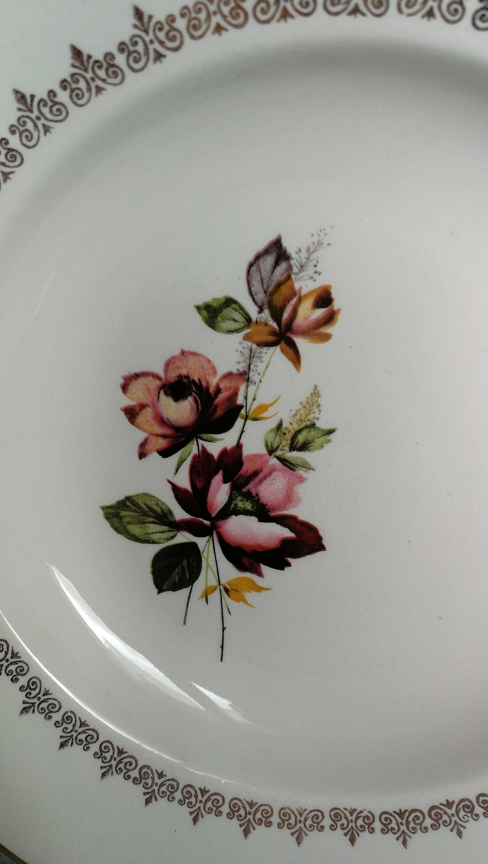 6 soup plates old crockery roses multi colour golden