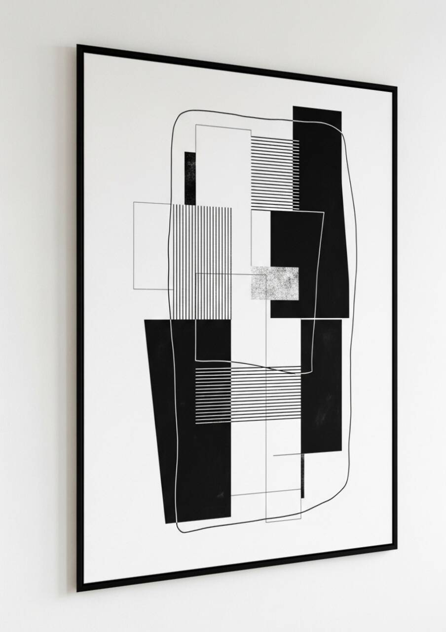 Black and White Abstract Art Mural – Modern Geometric Illustration
