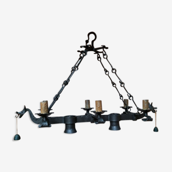 Dragon head chandelier in wrought iron 50s