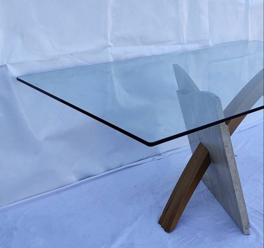 Original Italian glass and travertine marble dining table office desk