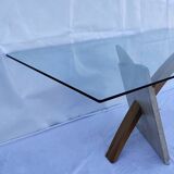 Original Italian glass and travertine marble dining table office desk