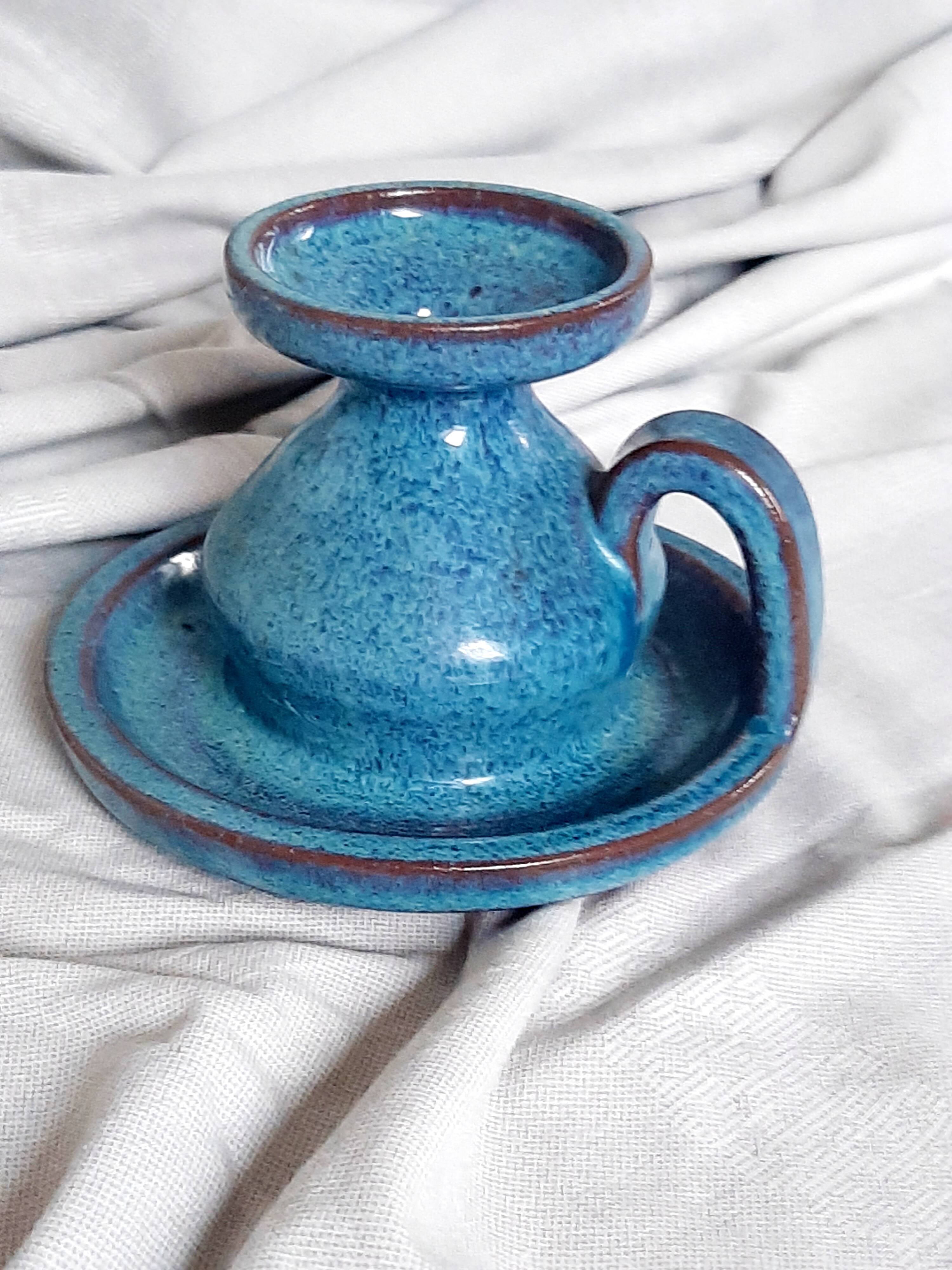 Blue stoneware candlestick signed Emile Masson