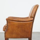 Cognac-Colored Sheepskin Leather Armchair with Straight Lines