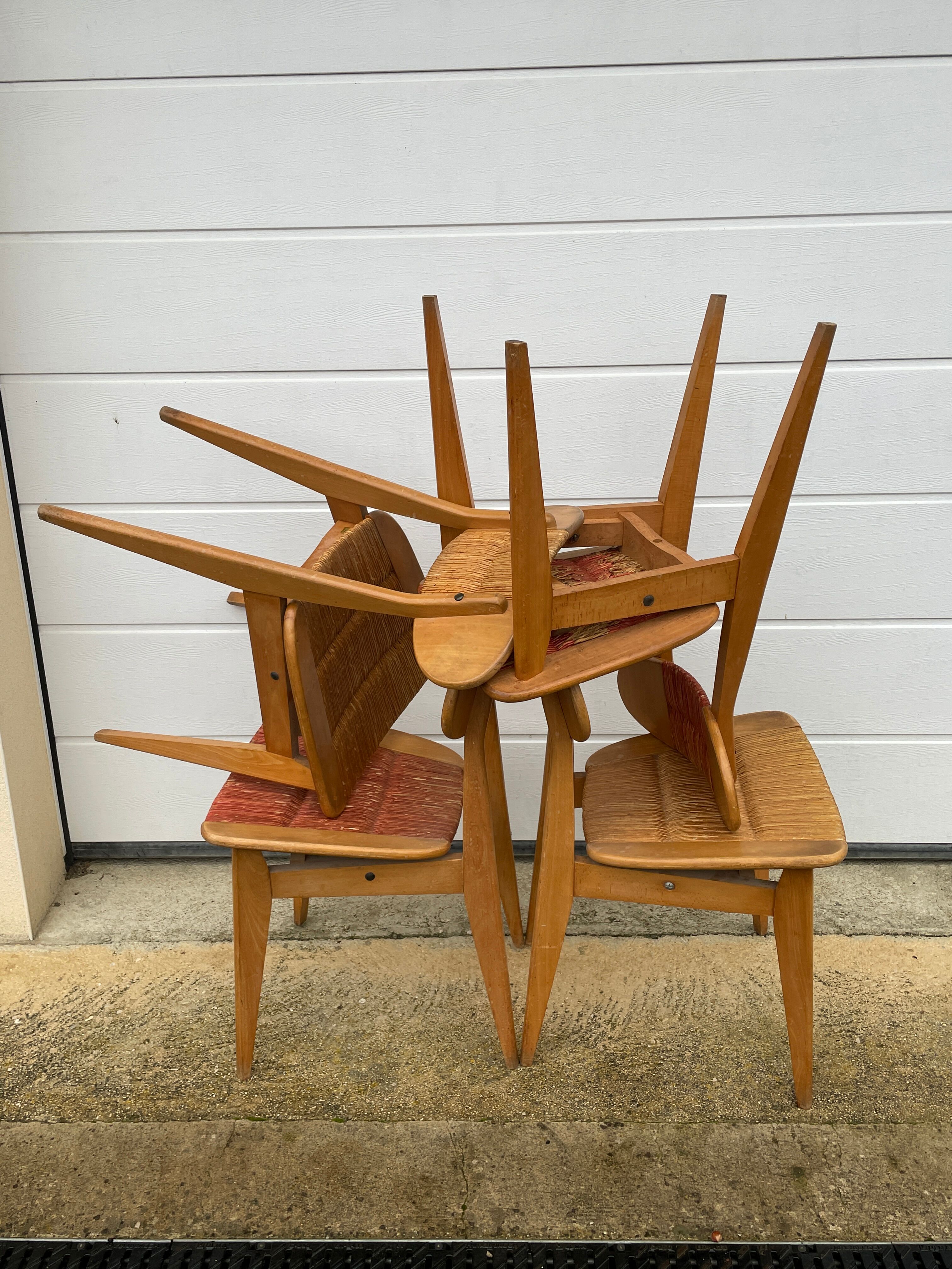 Série de 4 chaises paillées 1950 Roger landault  éditeur robert sentou