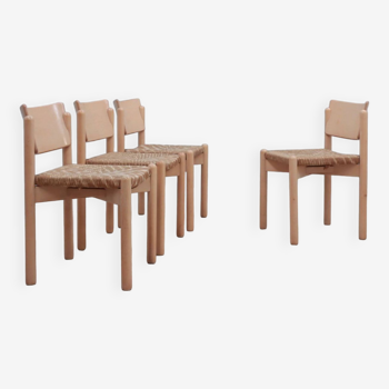 Chaises à repas vintage rustiques avec assise en paille 1970