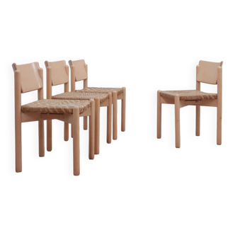 Chaises à repas vintage rustiques avec assise en paille 1970
