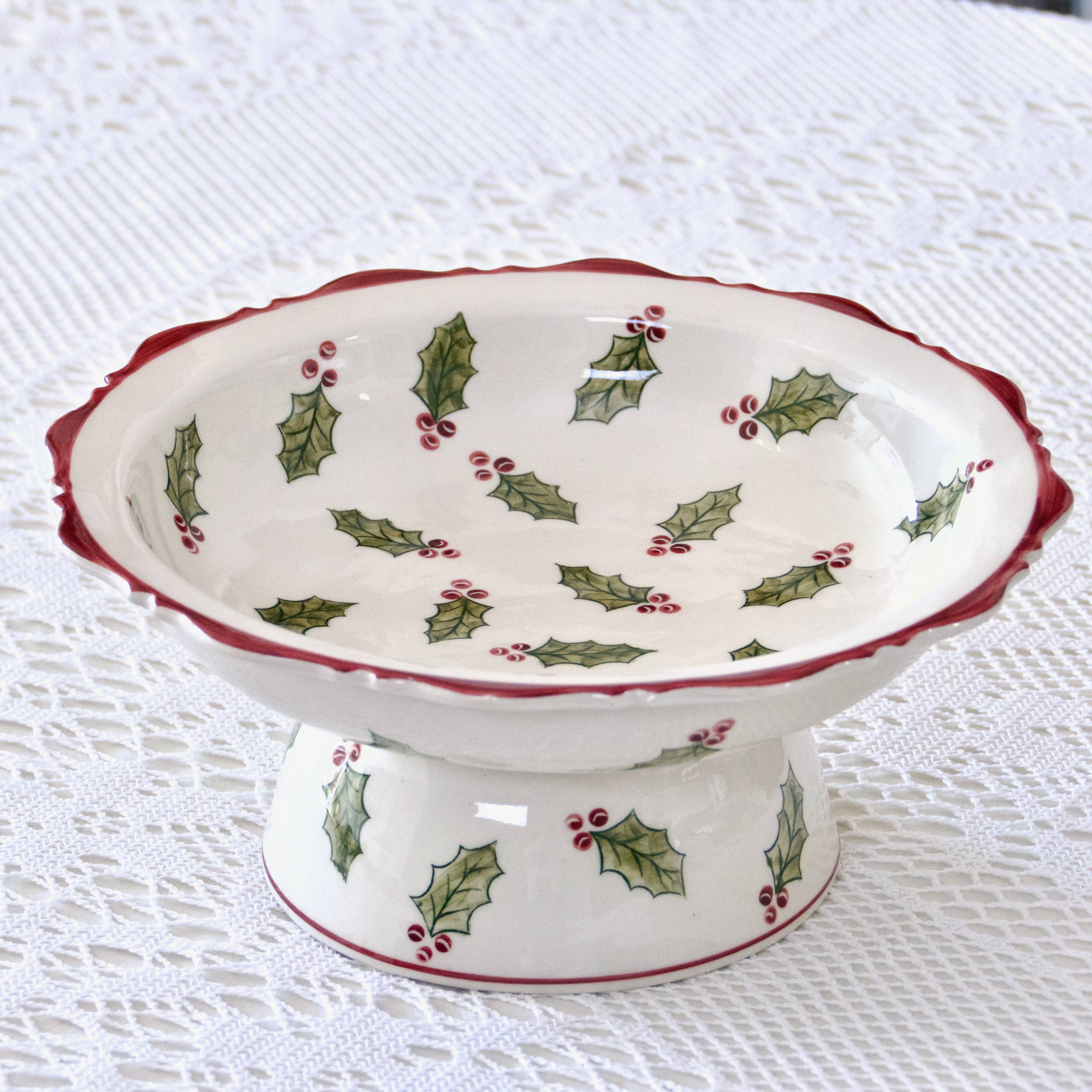 Large hand painted earthenware footed bowl Christmas decor