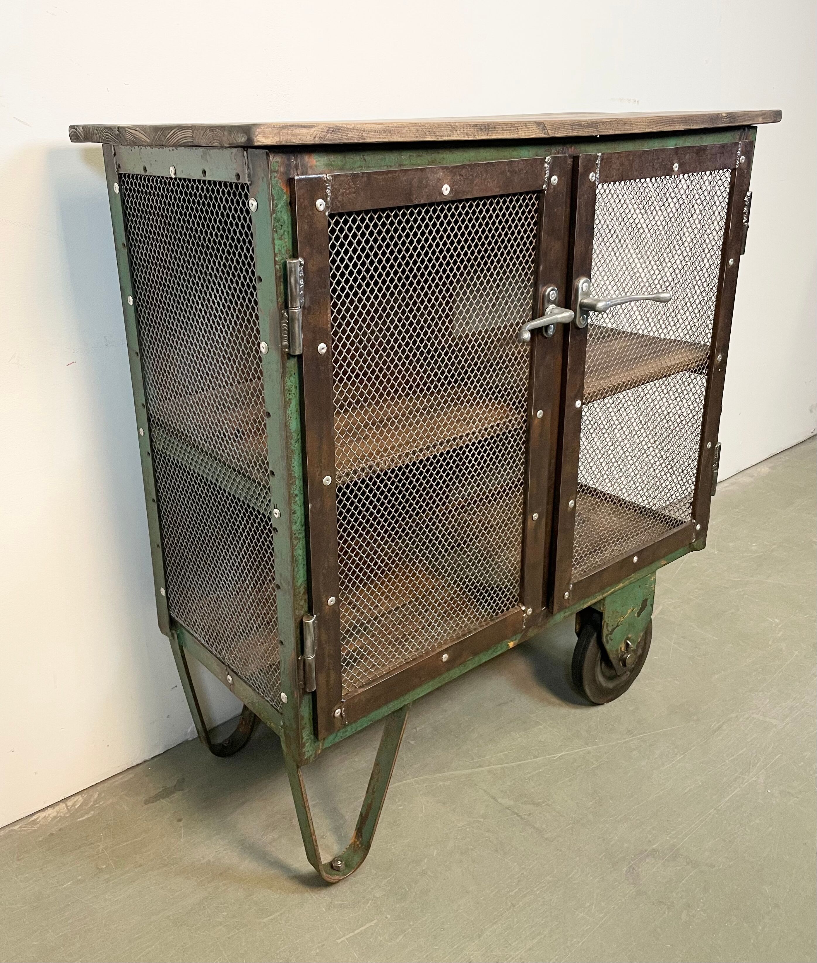 Industrial Iron Cabinet with Mesh Doors on Wheels, 1960s