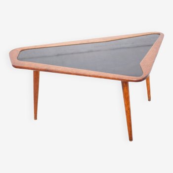 Vintage coffee table by Charles Ramos for Castellanata, black formica wood table asymmetrical shape