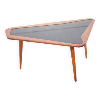 Table basse vintage par Charles Ramos pour Castellanata, table bois formica noir forme asymétrique