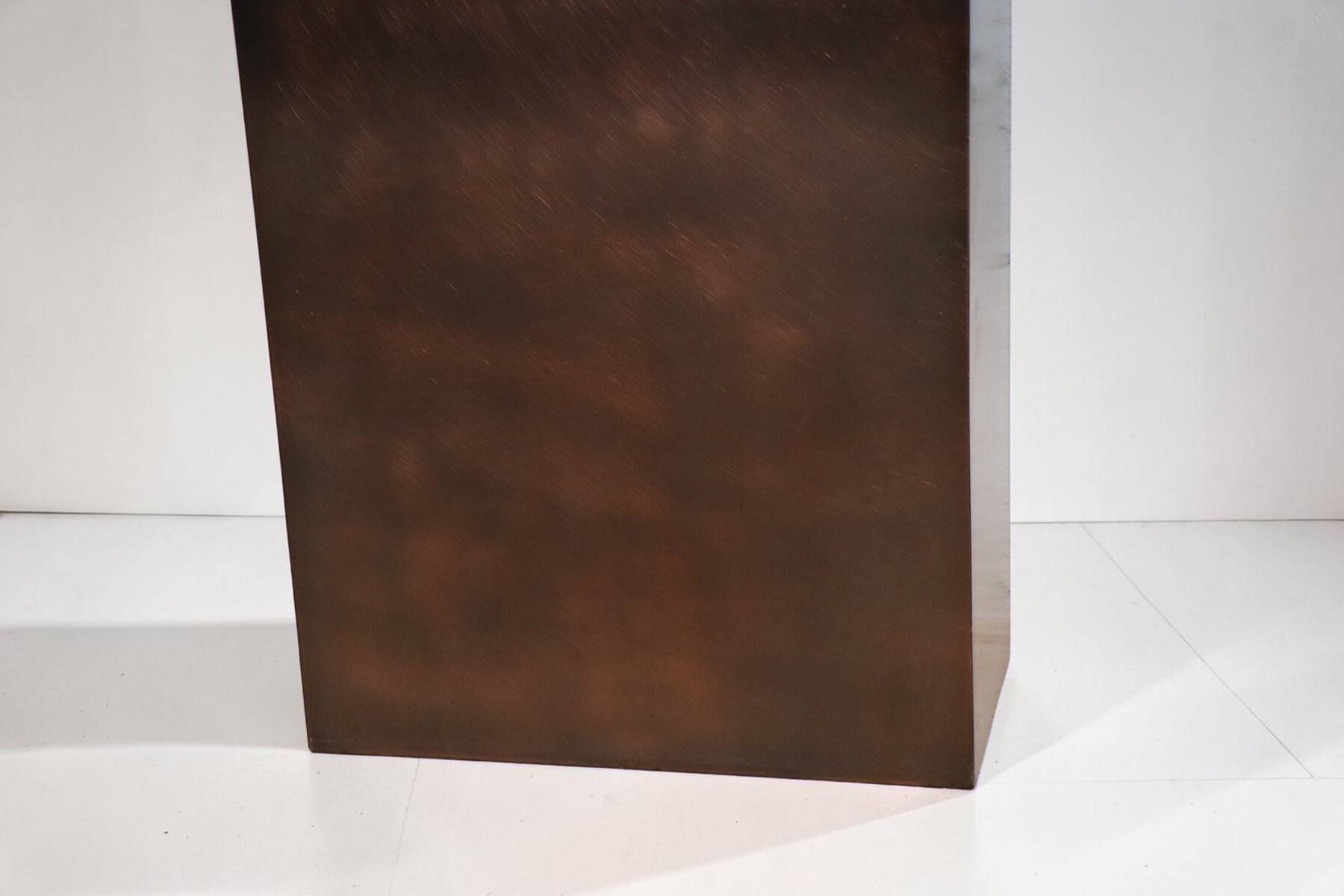 Minimalist console in travertine and patinated metal — 1970s