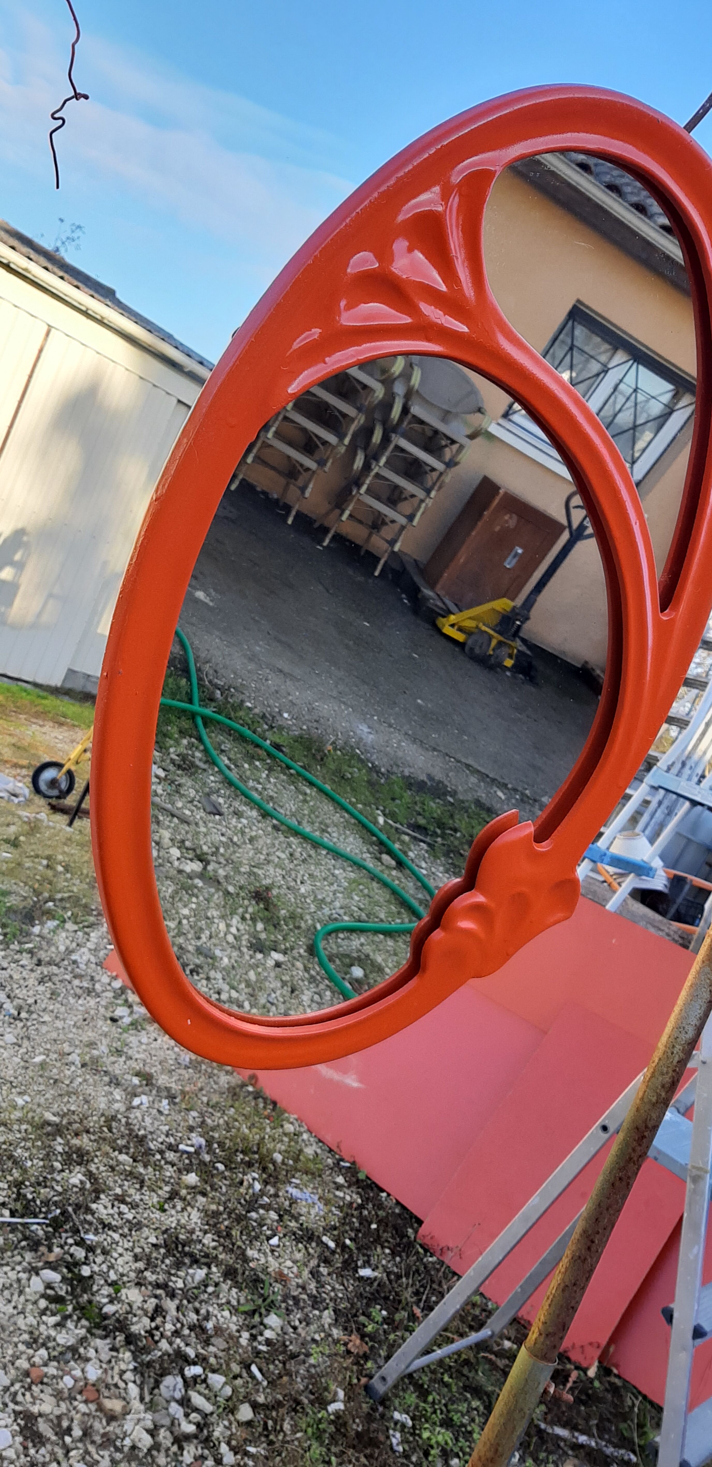 Vintage mirror enamelled cast iron orange