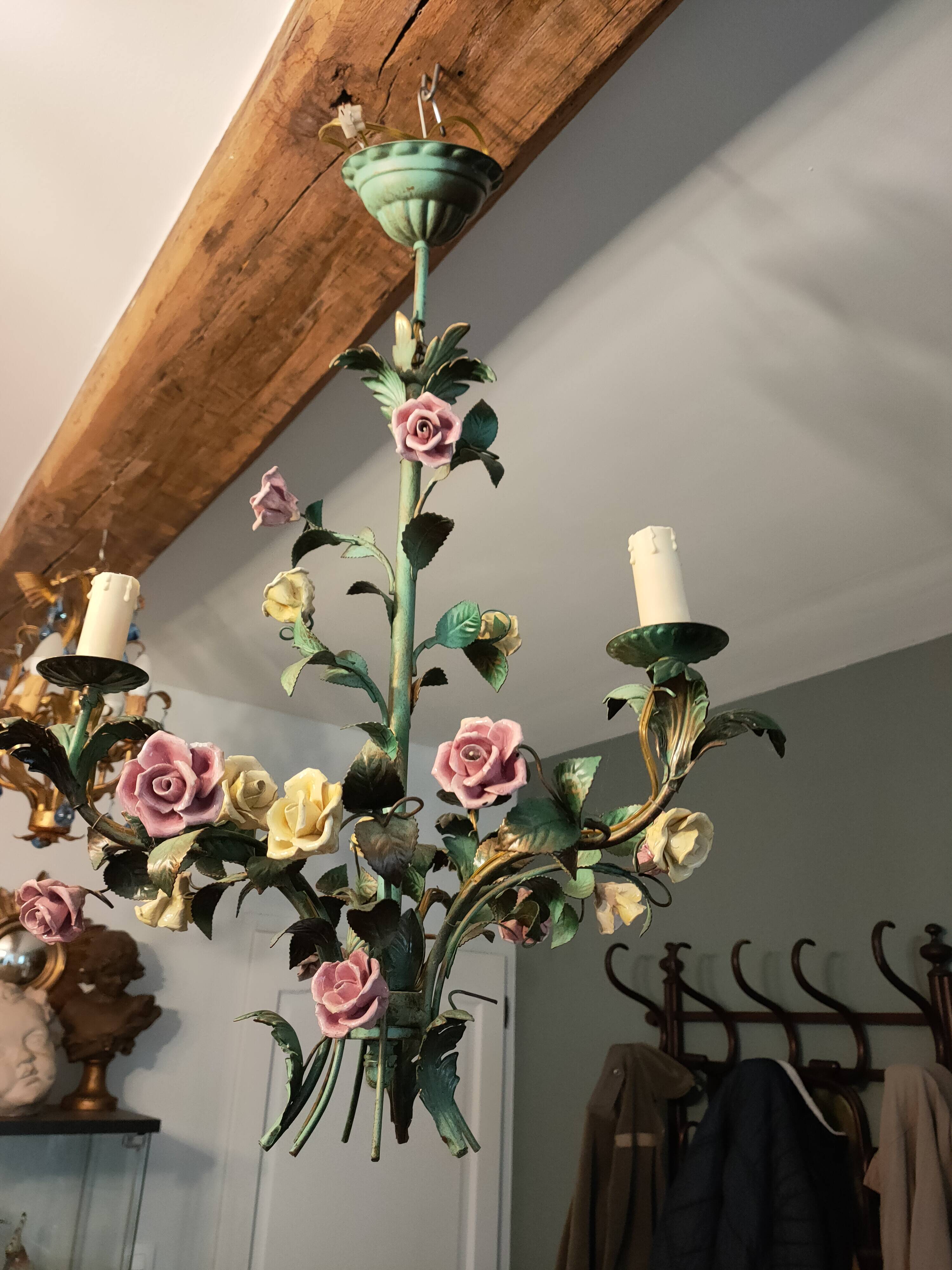 metal chandelier and porcelain flowers