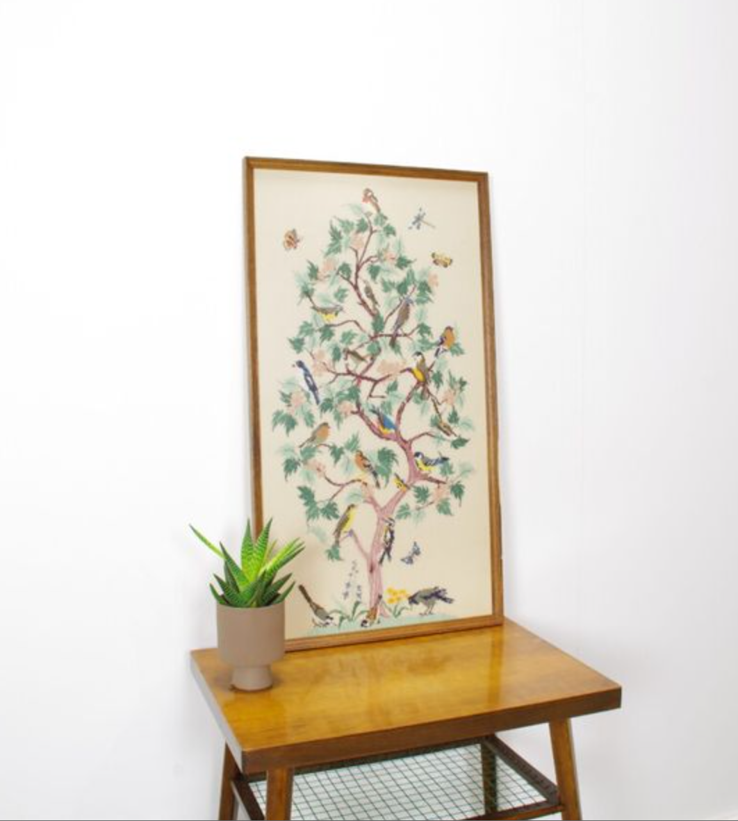 Vintage bird embroidered paint with wooden frame