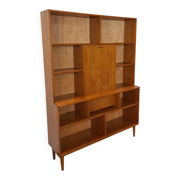 Vitrine en teck de style danois avec bar, meuble mural vintage.