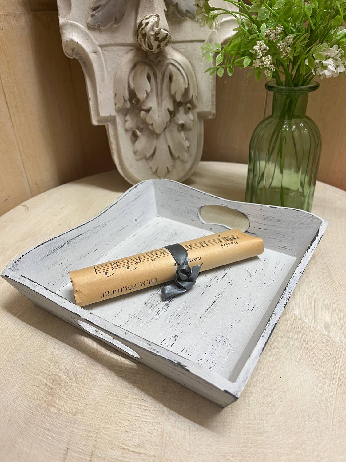 Old wooden tray with aged white patina