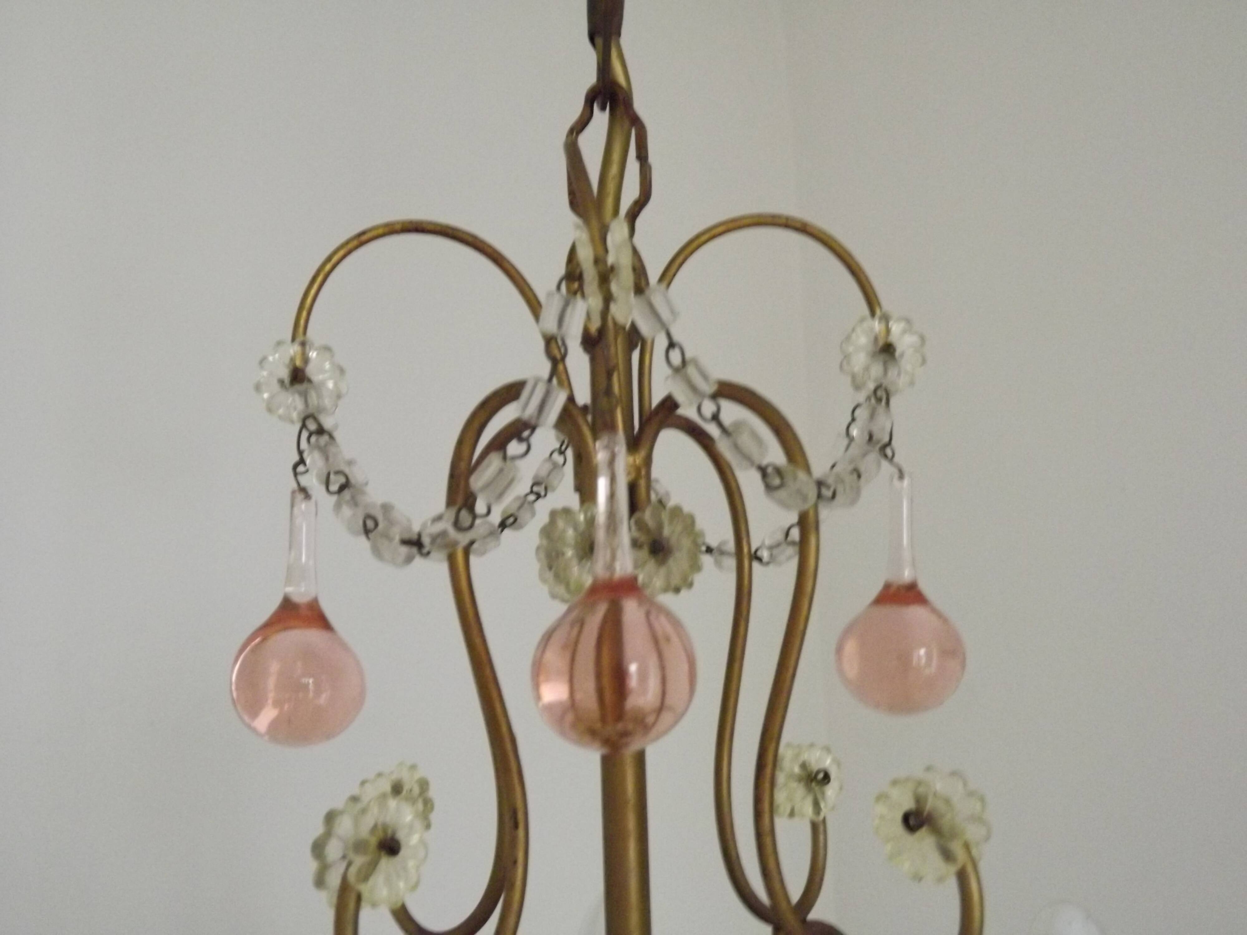 French Vintage 4 Light Metal Cage Chandelier with Bead Swag and Pink Murano Drops