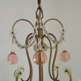 French Vintage 4 Light Metal Cage Chandelier with Bead Swag and Pink Murano Drops