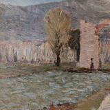 Mid-Century Modern Swedish "Italian Valley" Vintage 1967 Oil Painting, Framed