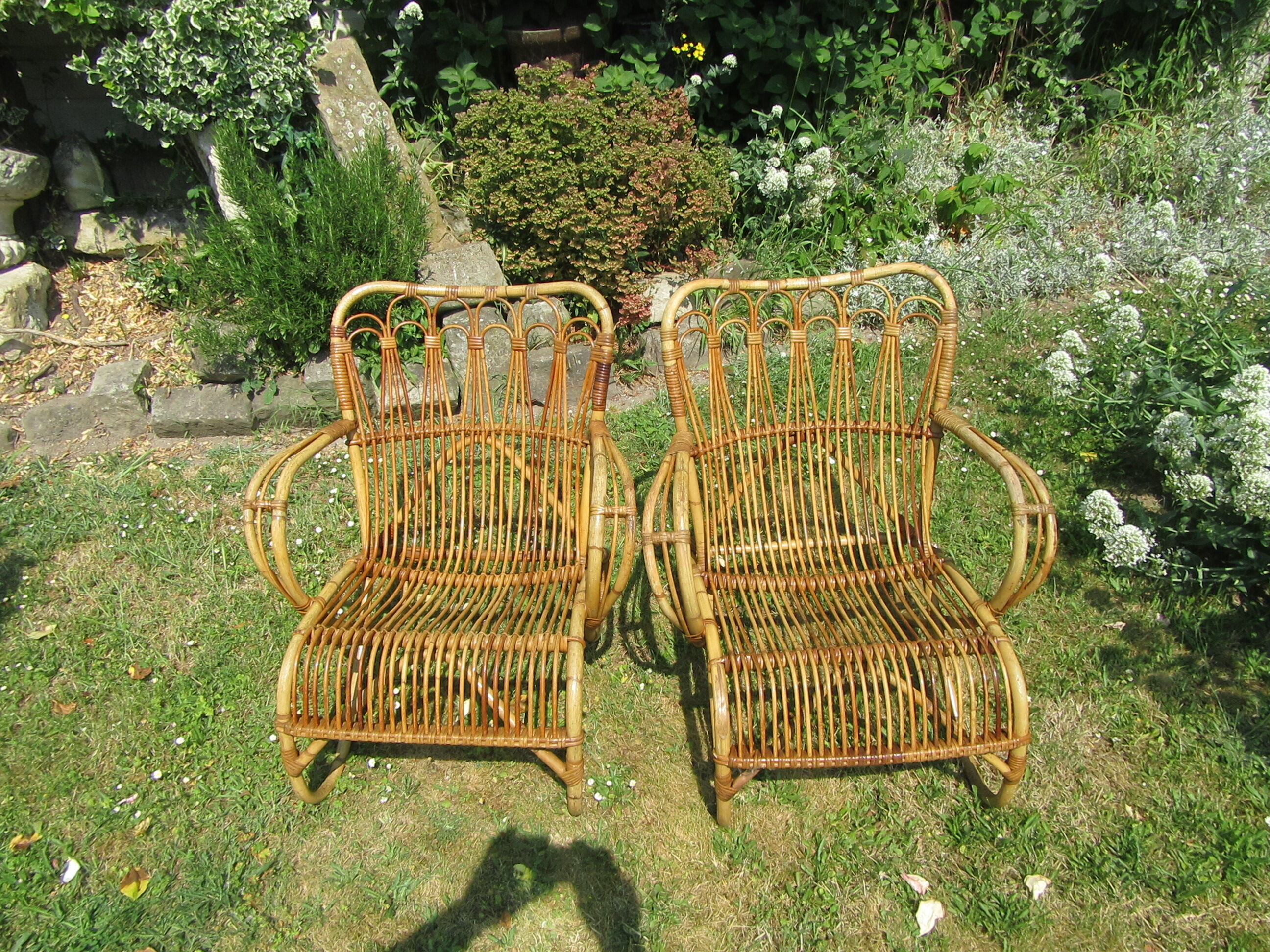 Pair vintage rattan armchairs