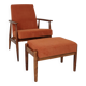 Vintage armchair and footrest in orange corduroy.