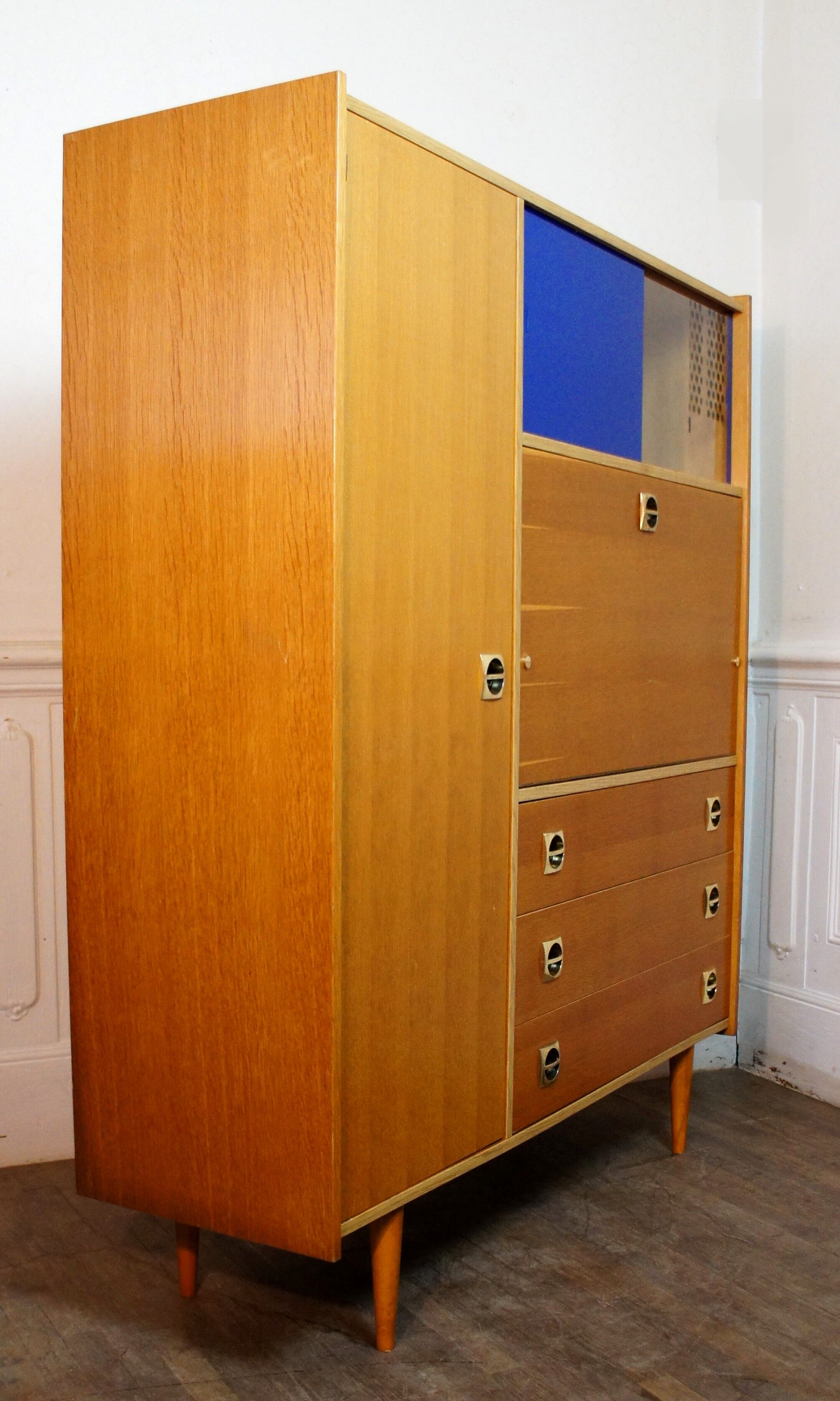 Armoire secrétaire vintage chêne doré