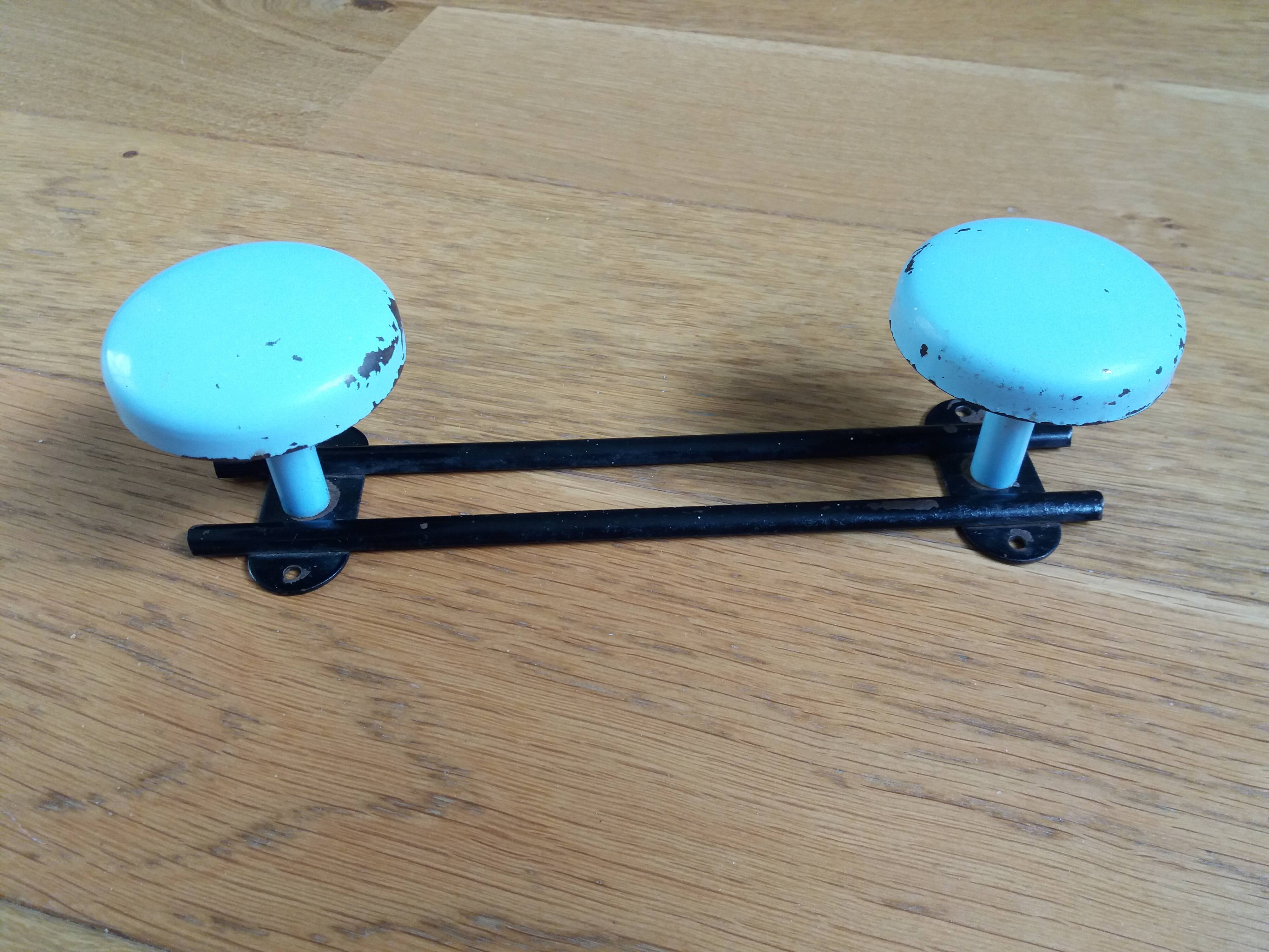 Wall coat rack with 2 vintage hooks from the 60s and 70s