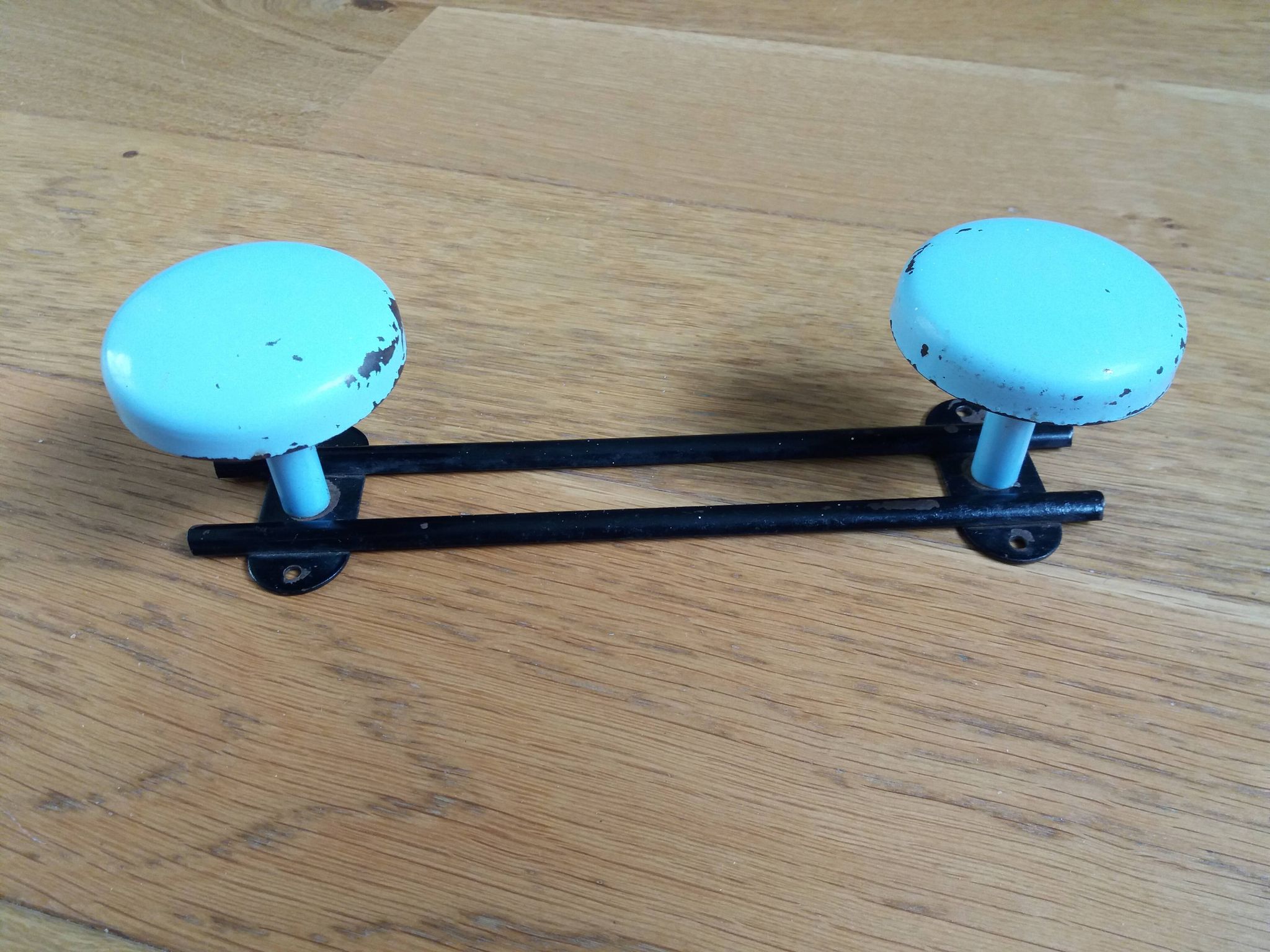 Wall coat rack with 2 vintage hooks from the 60s and 70s