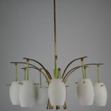 Midcentury 9-Arm Brass Chandelier with  Lacquer & Opaline Glass. Italy 1950