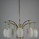 Midcentury 9-Arm Brass Chandelier with  Lacquer & Opaline Glass. Italy 1950