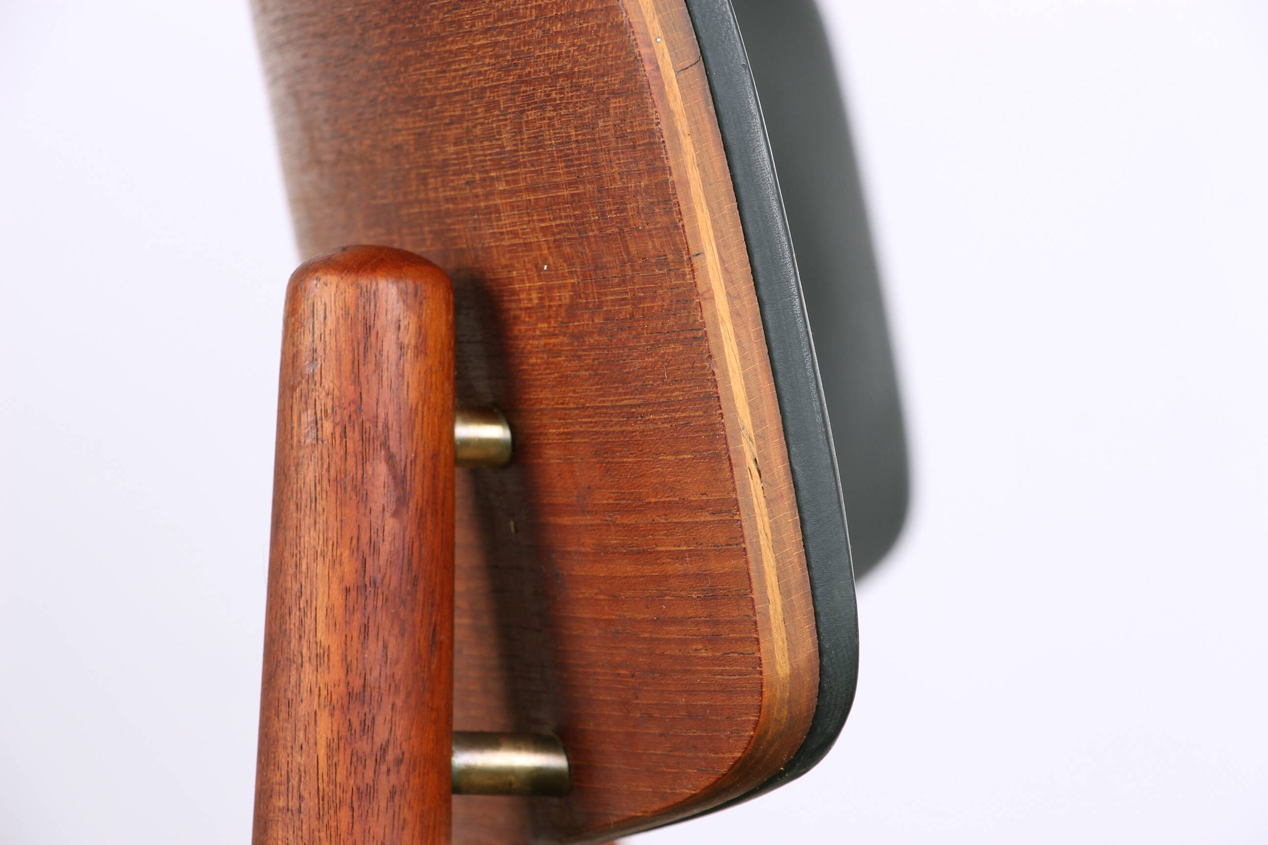 Set of 8 Danish chairs in teak, black leatherette and brass, Sven Chrobat/Sax.