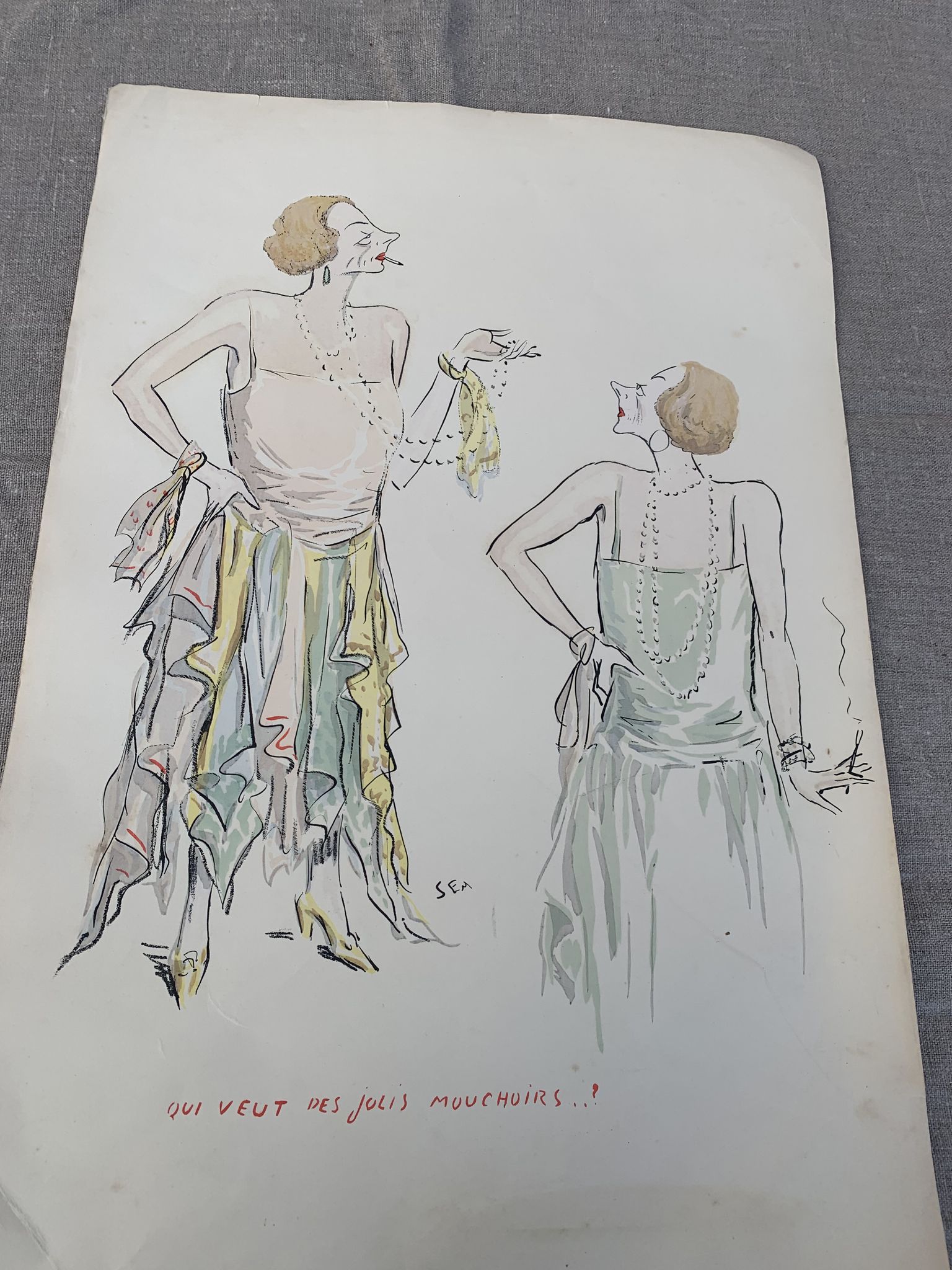Lithograph Who wants my pretty handkerchiefs? SEM, circa 1924 Georges Goursat dit Sem, collector