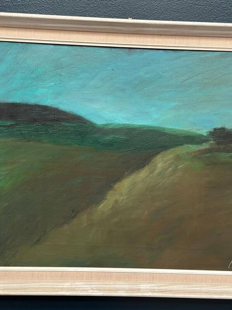 Huile sur toile originale suédoise – "Paysage" par Dina Mortensen – Signé DM – Vintage et encadré – 53 × 45,5 cm (20,9" × 17,9")