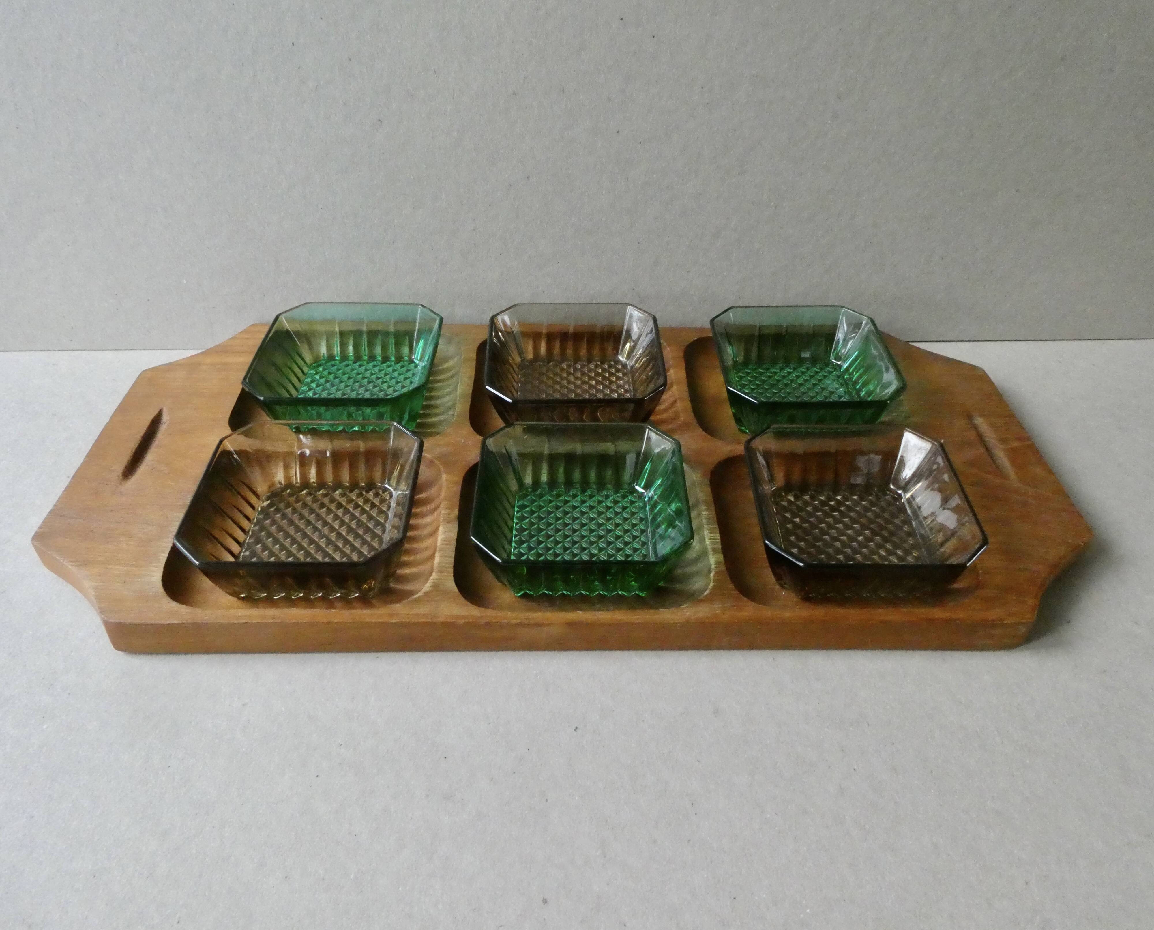 Teak serving tray with 6 glass bowls, 1960s