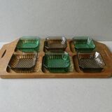 Teak serving tray with 6 glass bowls, 1960s