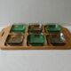 Teak serving tray with 6 glass bowls, 1960s