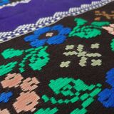 Romanian rug handwoven in wool, purple background with red and yellow stripes