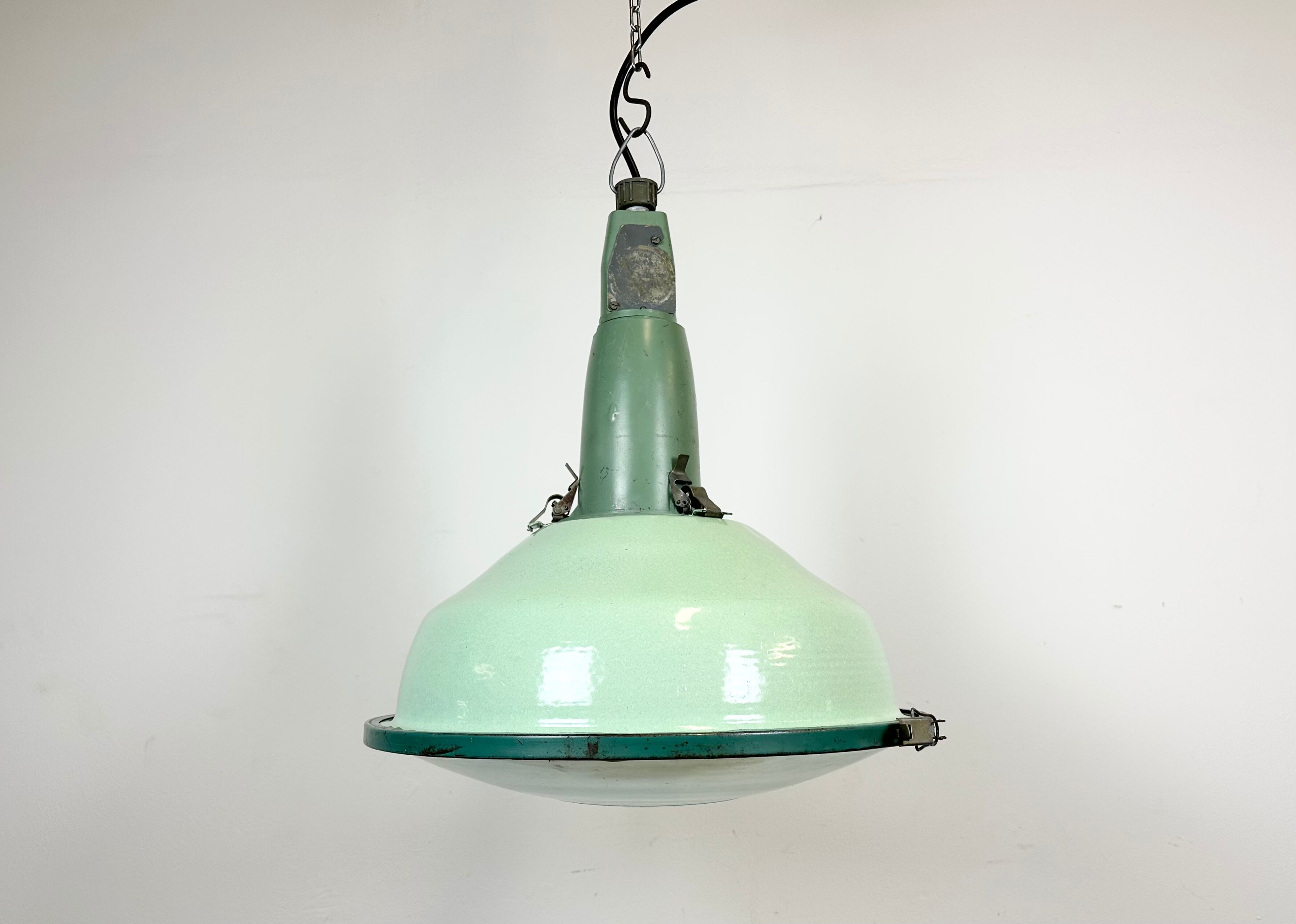 Industrial soviet green enamel pendant light with glass cover, 1960s