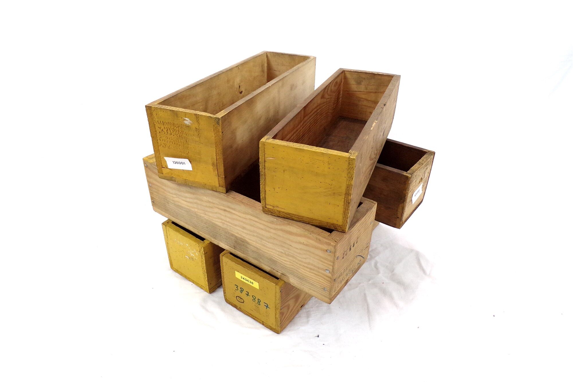 Set of 6 vintage workshop wooden storage boxes