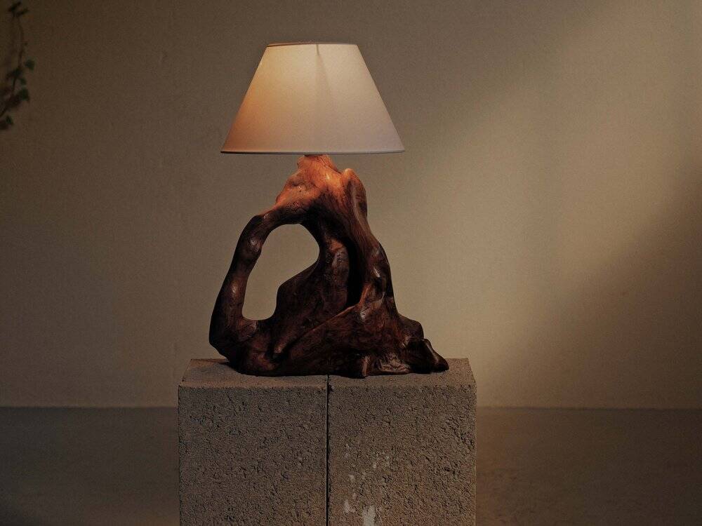 Sculptural lamp made of olive wood, around 1960.