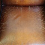 Sheepskin Art Deco design armchair with wood and beautiful cognac-colored leather