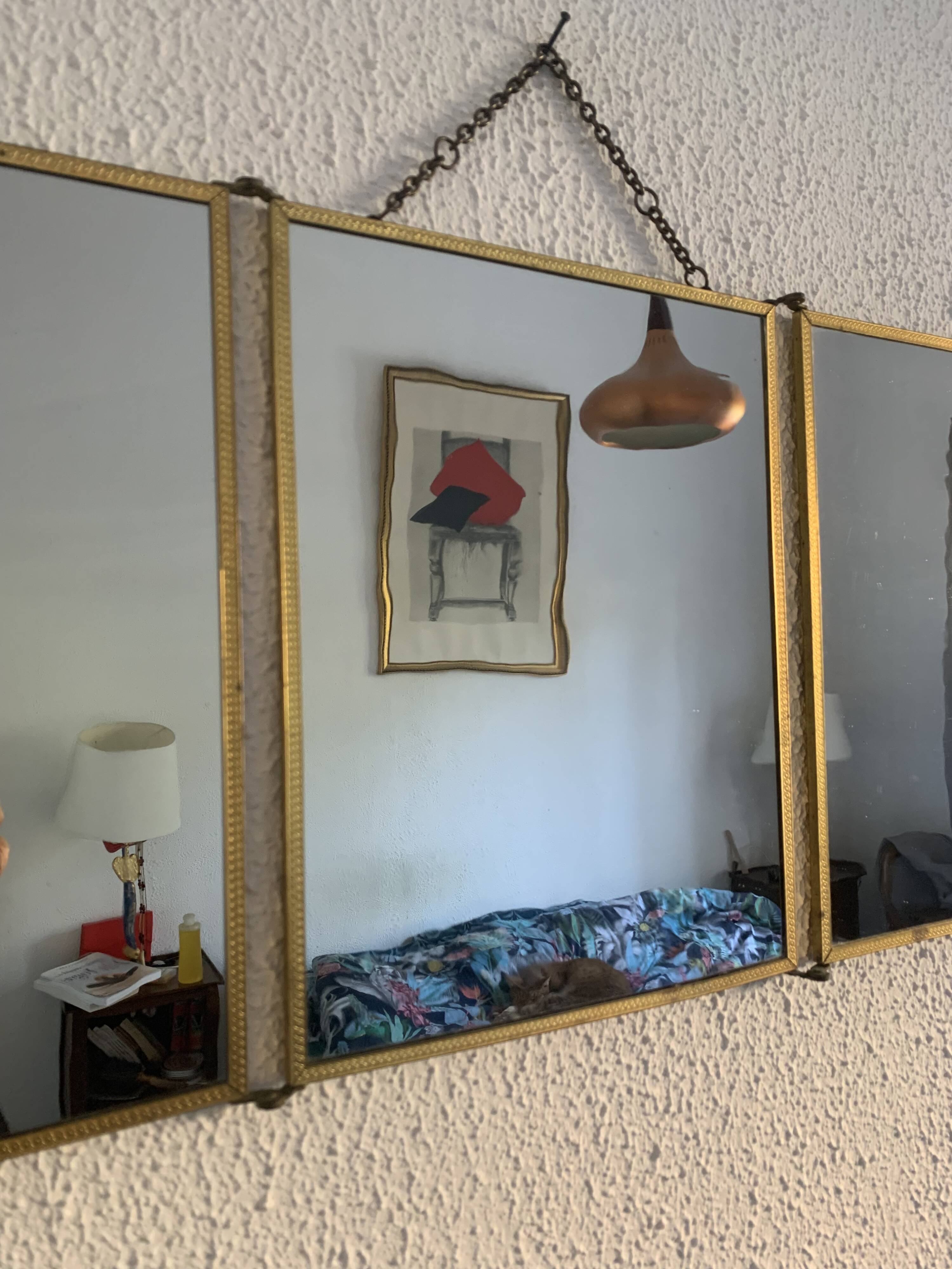 Vintage 1900 triptych mirror, golden barber woman - 27 x 67 cm