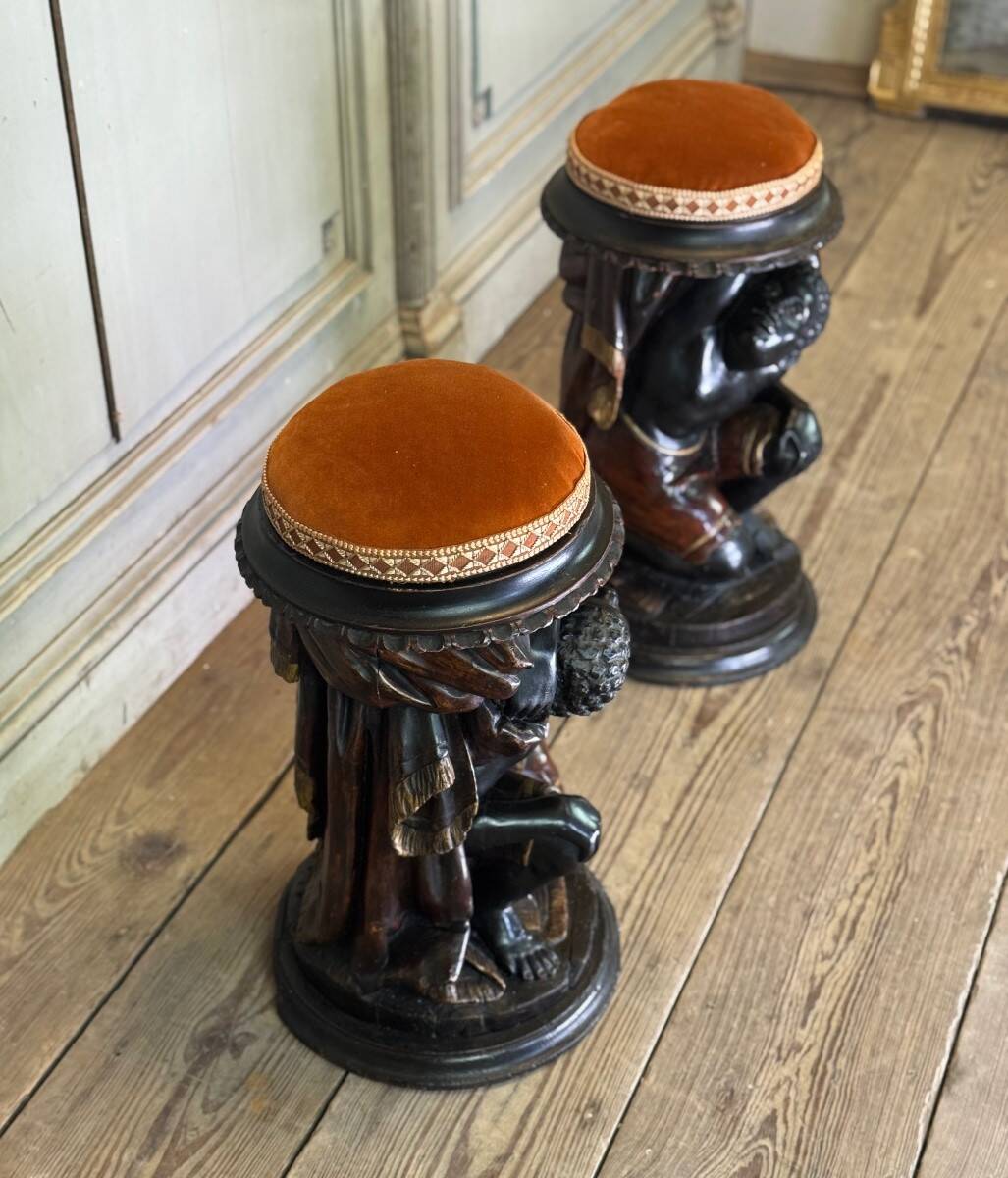 Pair of Nubian stools, polychrome sculptures, Venice circa 1880