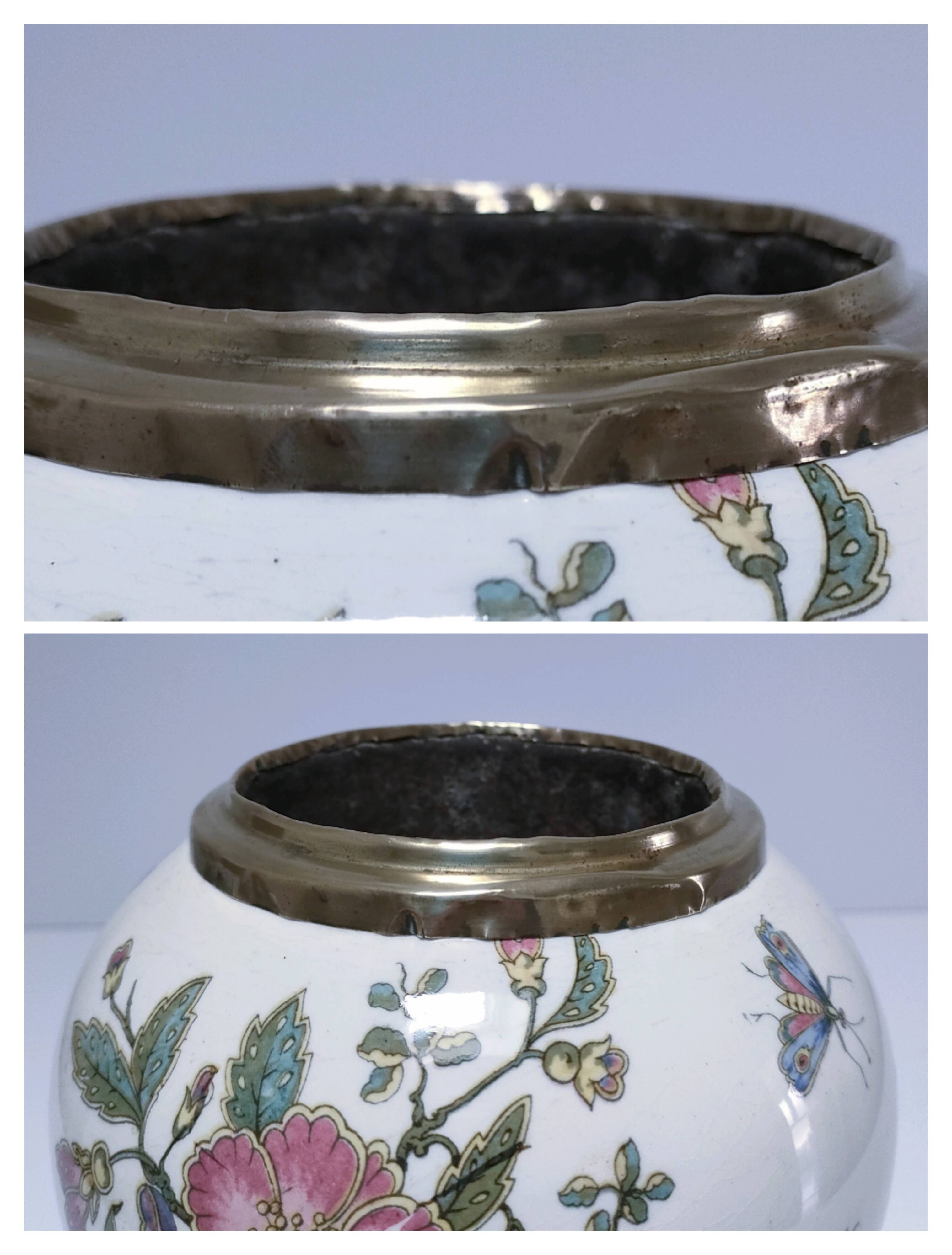 round vase earthenware brass decorated with flowers and insects early 20th century